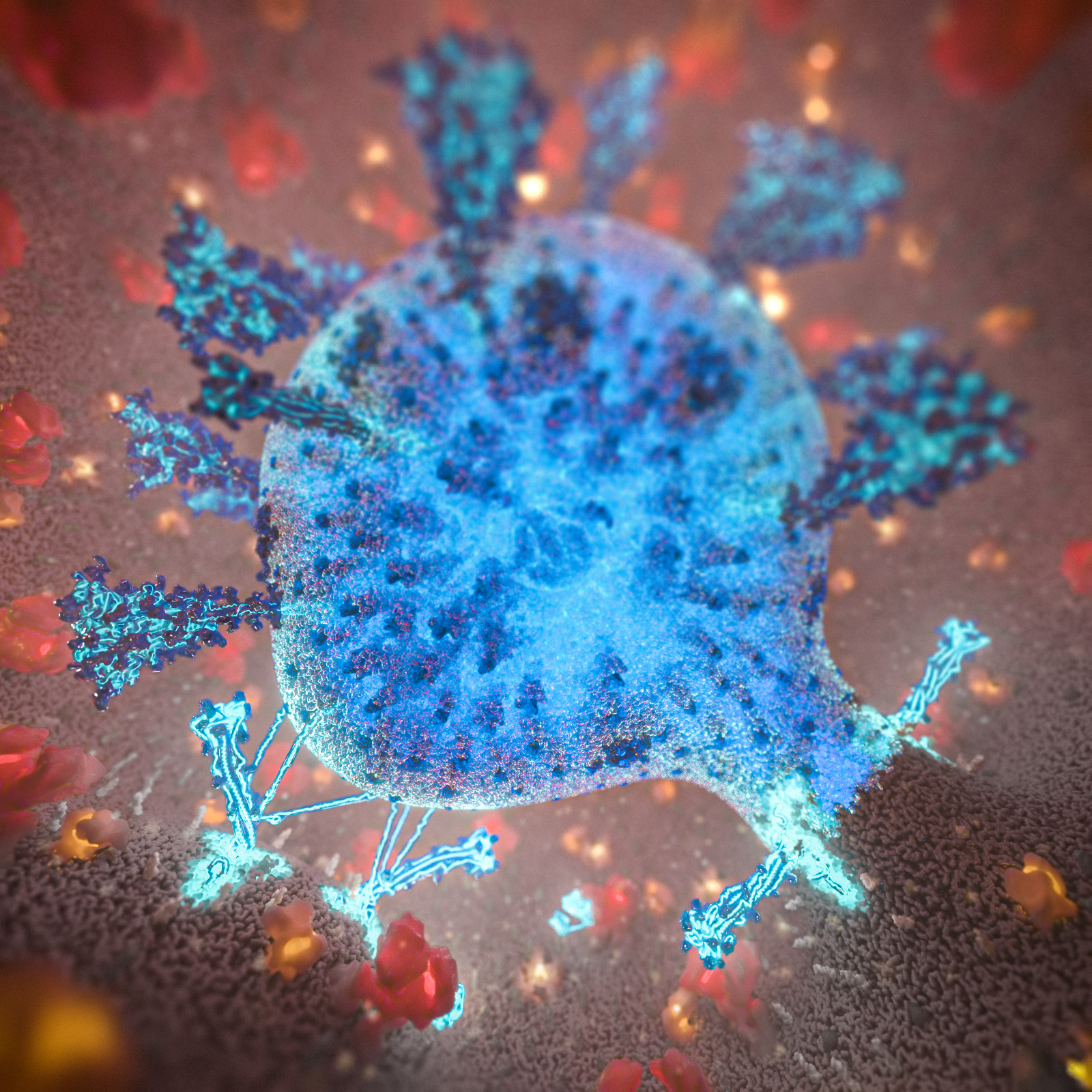 A blue glowing virus is enveloped inside a vesicle, where it merges its membrane with host cell. The genetic information of the virus can be seen through the glass-like membrane. Host cell proteins are glowing in warm colors.
