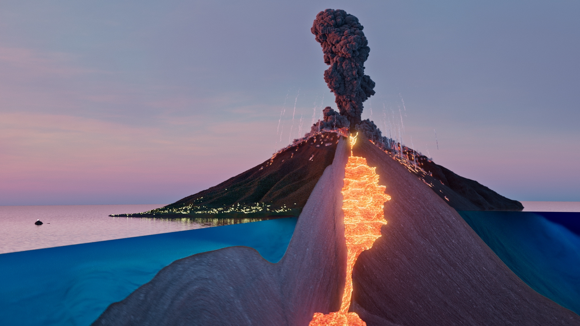 The 3D animation begins on the bow of a yacht, a volcanic island is visible in the mid-distance. A large volcanic eruption begins. Ash and glowing rock fragments are thrown hight into the air. After a couple of seconds, the shock waves arrives at the boat, shaking the camera with a massive deep boom. The camera then transits to a cutaway view of the geology, revealing the inner workings of the volcano. The strata are visible, as well as the internal magma chambers.