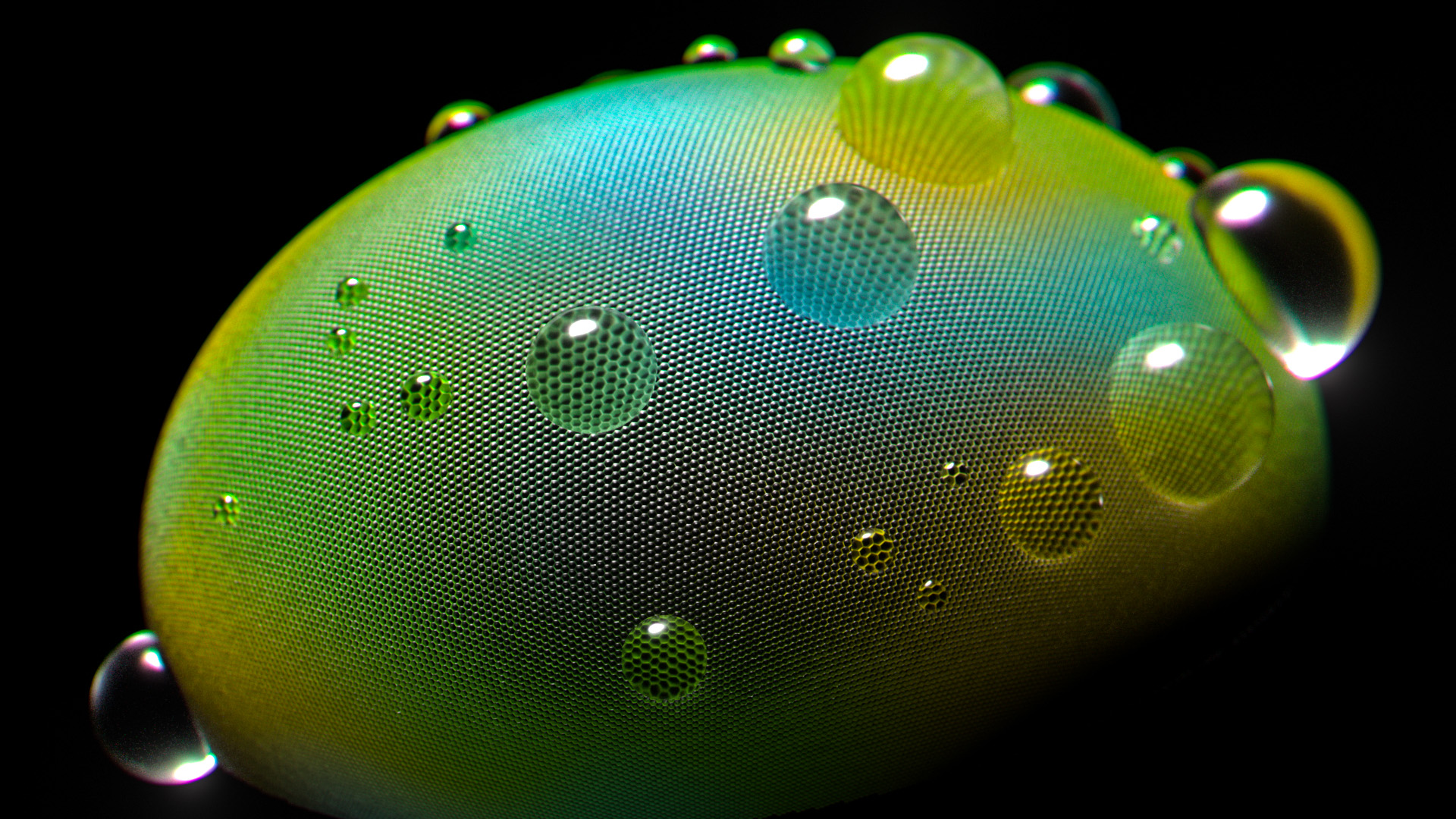 An isolated render of a colorful pigmented compound eye, such as may be found on a dragonfly. Dew-like small water droplets of varying size enlarge the eye's structure through diffraction.